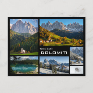 Dolomites bergsfotokollage svart text vykort