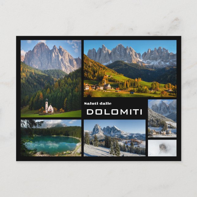 Dolomites bergsfotokollage svart text vykort (Framsida)