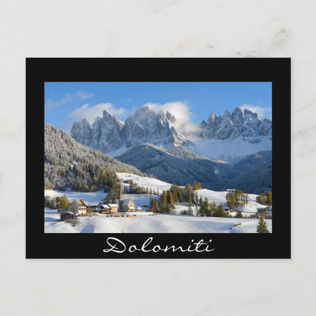 Dolomites-byn på vintervykort för svart text vykort (Framsida)