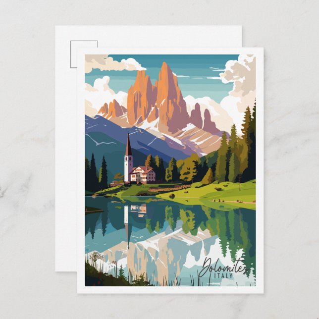 Dolomites Italien vintage resor illustration Vykort (Fram/baksida)