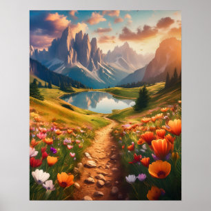 Dolomites Sjö Vintage-Stil Travel Poster