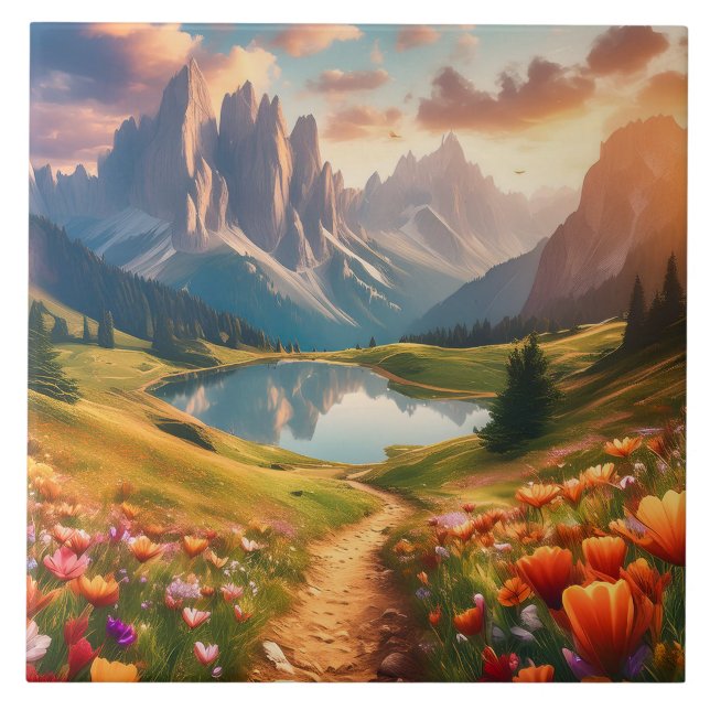 Dolomites Vintage-Stil Travel Poster med Sjö Kakelplatta (Framsidan)