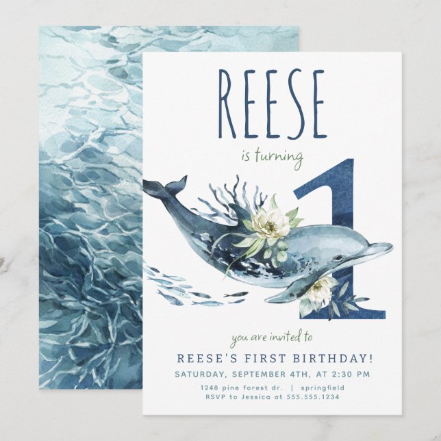 Dolphin 1:a födelsedagsinbjudan inbjudningar (Fram/baksida)