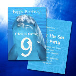 Dolphin Ansikte Kids Sea Födelsedagsfest inbjudan<br><div class="desc">Mallen Dolphin ansikte födelsedagsfest inbjudan, med nedladdningsalternativ. Blue vatten och en stor leende delfin är utformningen på kort som är avsedda för ett barns födelsedag. "Du är inbjuden" text med stor, snabb text på framsidan och mer text att anpassa på baksidan. Sommarblått färg med vit text som är i vågigt...</div>