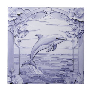 Dolphin Art nouveau Faux Relief Blue & White Höger Kakelplatta