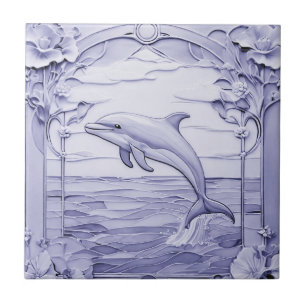 Dolphin Art nouveau Faux Relief Blue & White Lämna Kakelplatta