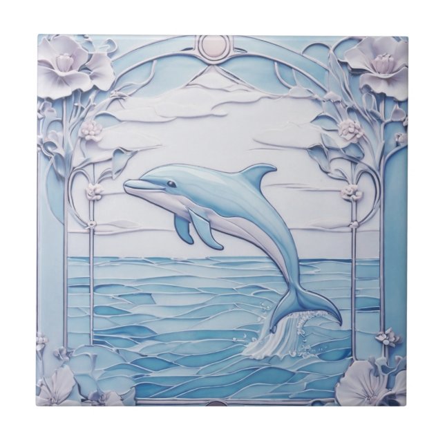 Dolphin Art nouveau Faux Relief Light Blue Lämnat Kakelplatta (Framsidan)