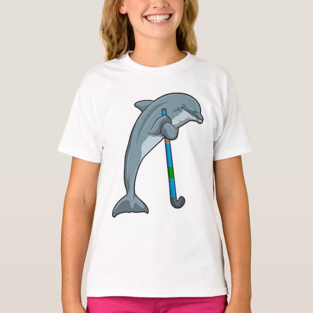 Dolphin at Hockey with Hockey stick T Shirt (Framsida)