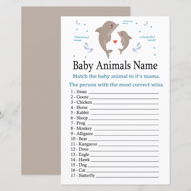 Dolphin Baby djur Namn (Fram/baksida)