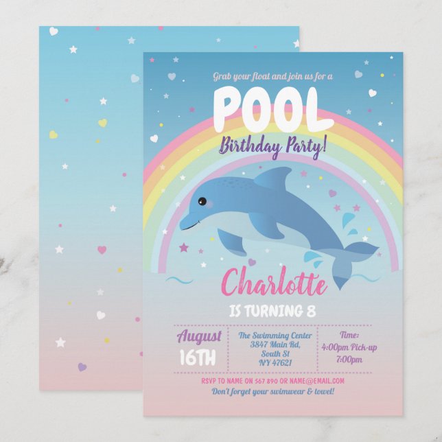 Dolphin Bassäng Party Birthday Beach Flyter Oceane Inbjudningar (Fram/baksida)