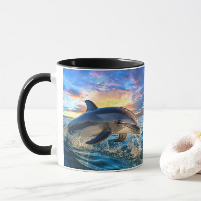 Dolphin Beach Ocean Sunset Action Kaffe koppar (Med munk)