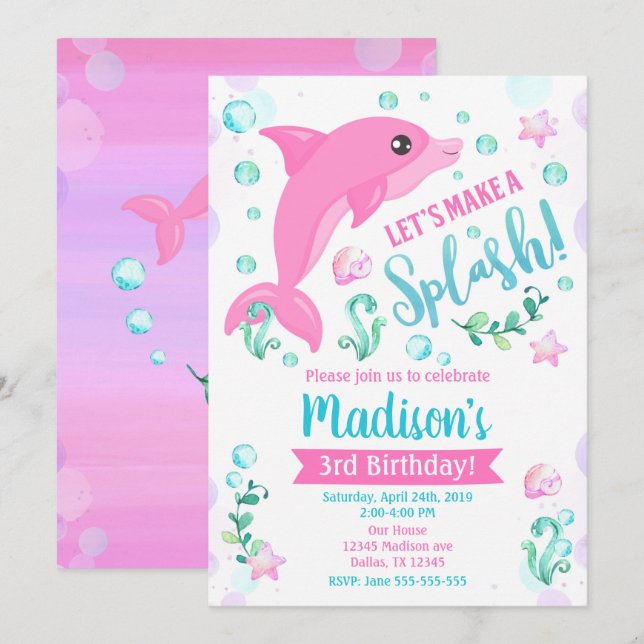 Dolphin Birthday Inbjudan/simning av Bassäng Party Inbjudningar (Fram/baksida)