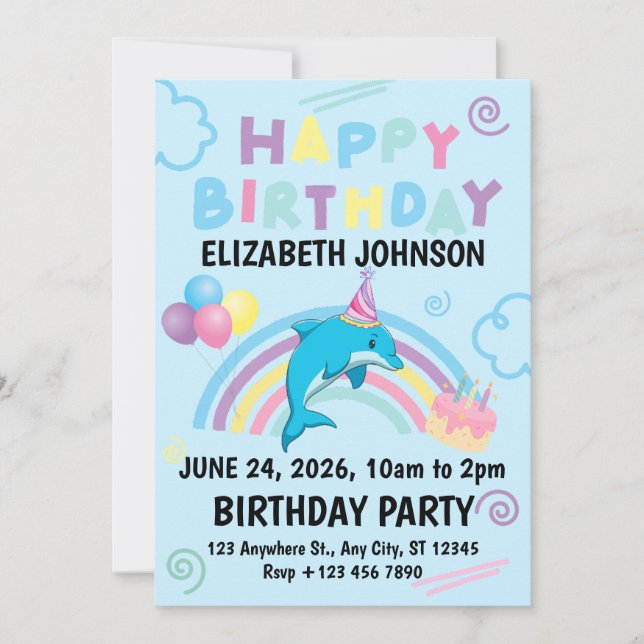 Dolphin Birthday Invitation in Blue Inbjudningar (Framsida)