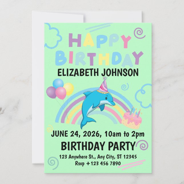 Dolphin Birthday Invitation in Green Inbjudningar (Framsida)