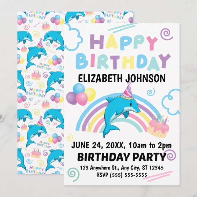 Dolphin Birthday Invitation in White Inbjudningar (Fram/baksida)
