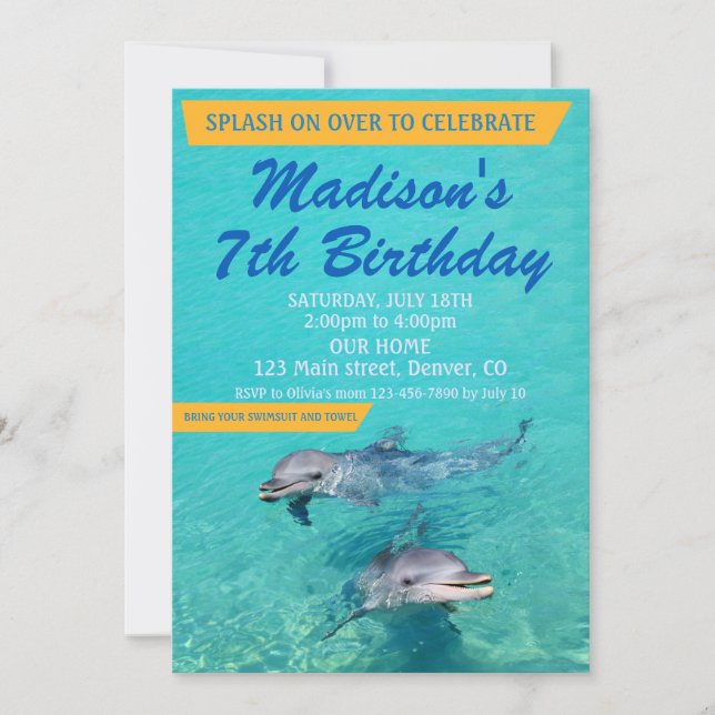Dolphin birthday invitation Pool party invite Inbjudningar (Framsida)