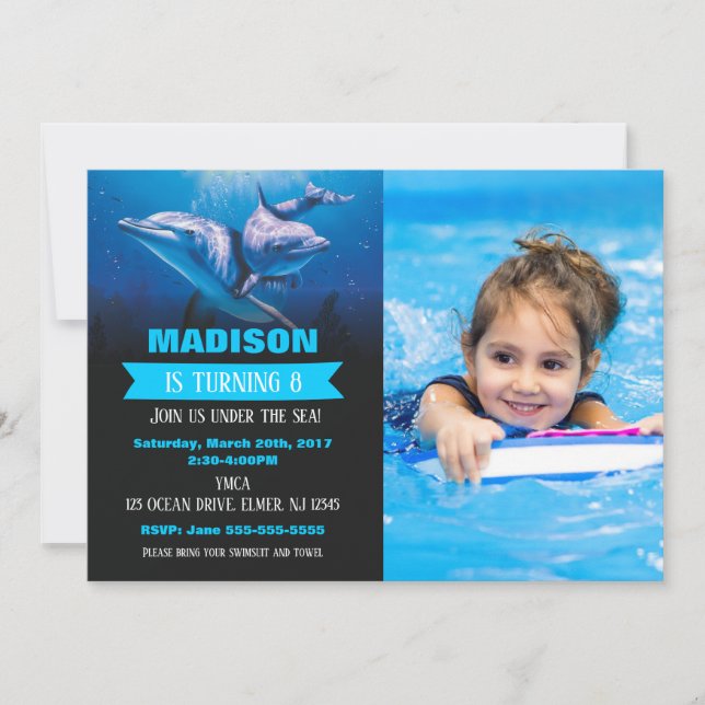 Dolphin Birthday Photo Invitation Pool Party Inbjudningar (Framsida)
