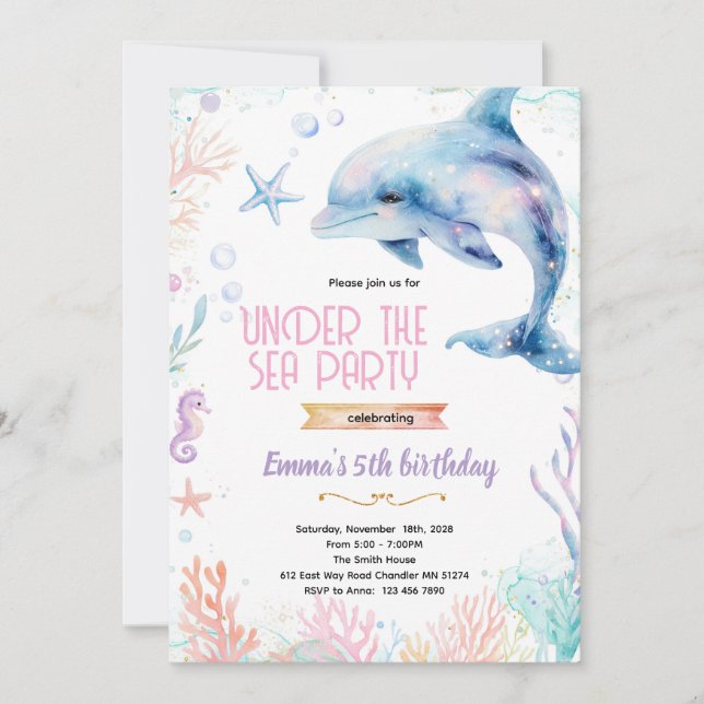 Dolphin birthday theme party invitation inbjudningar (Framsida)