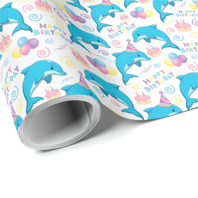 Dolphin Birthday Wrapping Papper Presentpapper (Rullad Hörn)