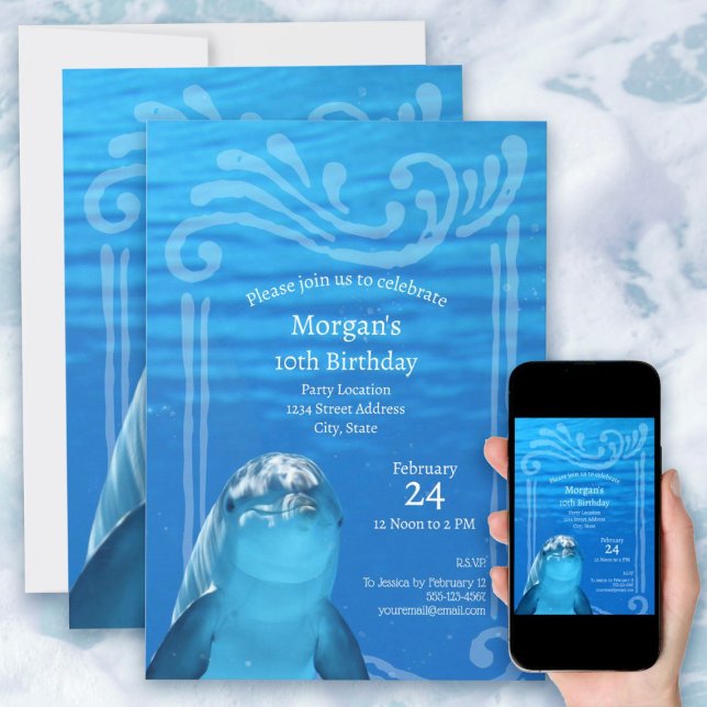 Dolphin Blue Ocean 10 Födelsedagsfest inbjudan (Under the Sea Birthday Party Dolphin Blue Ocean 10th Birthday Party Invitation. Any age template.)