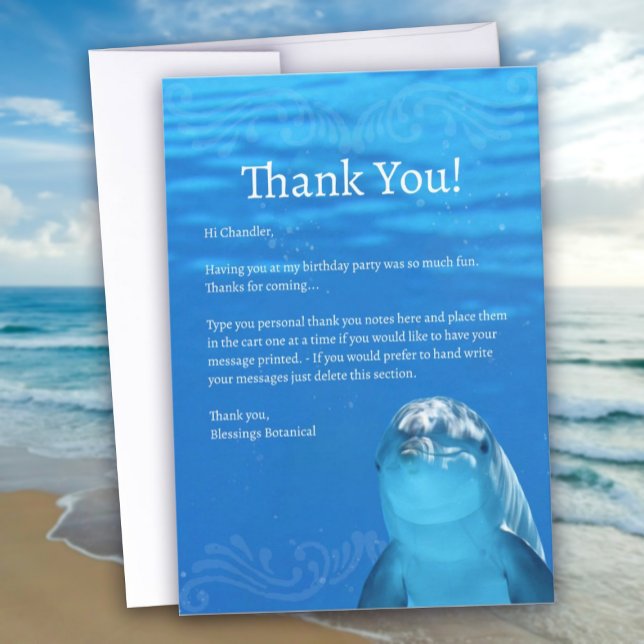 Dolphin Blue Ocean Flata tackkort Tack Kort (Dolphin Blue Ocean Flat Thank You Card)
