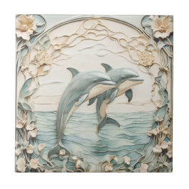 Dolphin Couple Art nouveau Faux Relief Mint Blue Kakelplatta