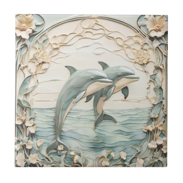 Dolphin Couple Art nouveau Faux Relief Mint Blue Kakelplatta (Framsidan)