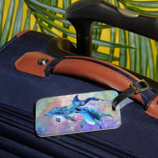 Dolphin Couple Luggage Tag Lycklig Bagagebricka (Framsida Insitu 3)