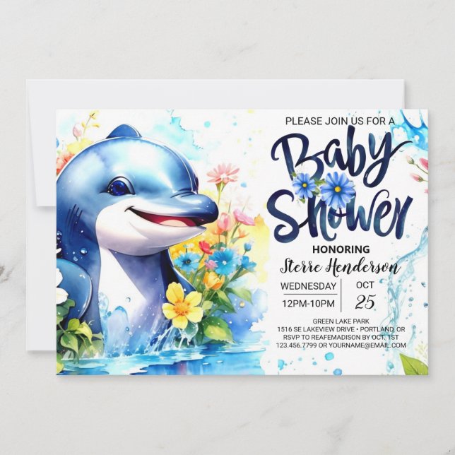 Dolphin Dance Deep Blue Boy Baby Shower Inbjudningar (Framsida)