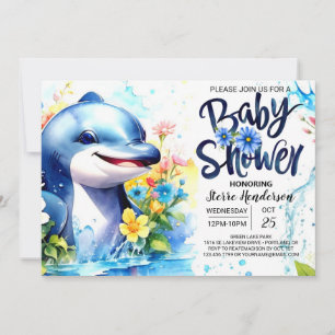 Dolphin Dance Deep Blue Boy Baby Shower Inbjudningar