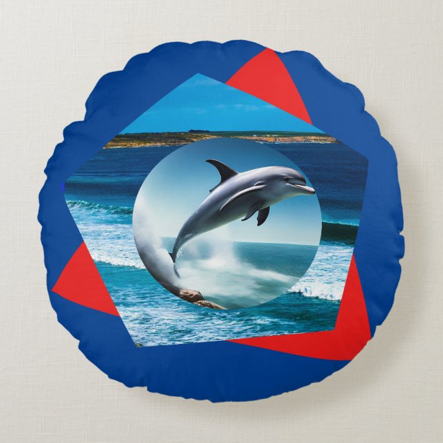 Dolphin Dancing on Vågar, Round Cushion Rund Kudde (Framsidan)