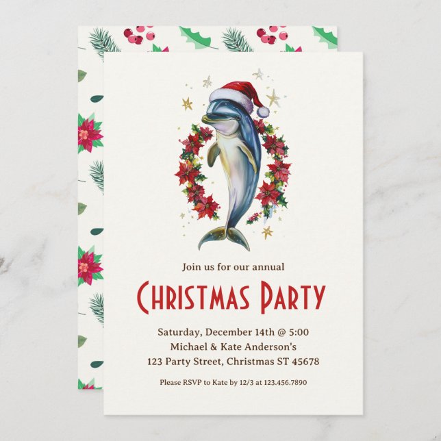 Dolphin i Santa Hat Poinsettias Party Inbjudningar (Fram/baksida)