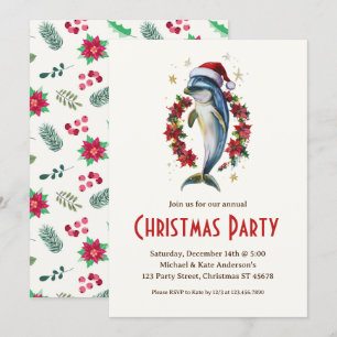 Dolphin i Santa Hat Poinsettias Party Inbjudningar