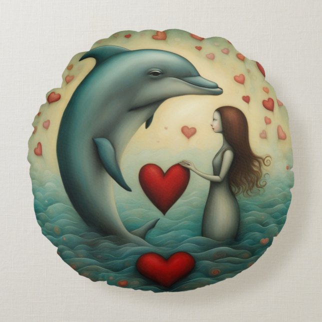 Dolphin Kärlek 1 Rund Kudde (Framsidan)