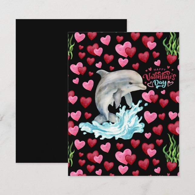 Dolphin Love Valentine’s Day Card in Black Anteckningskort (Fram/baksida)