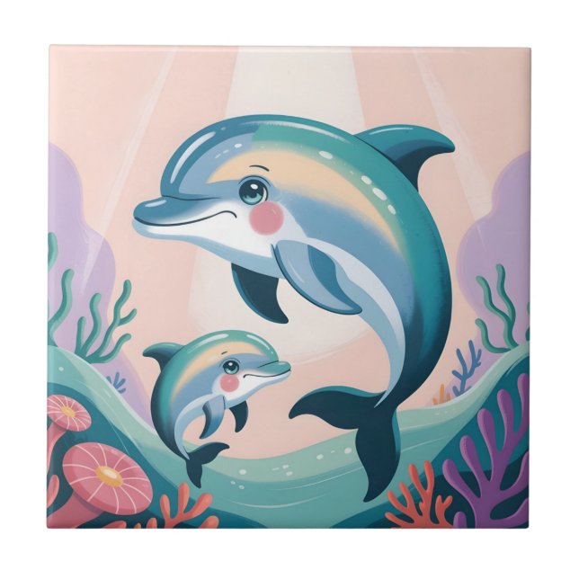 Dolphin Mom and Baby Kakelplatta (Framsidan)