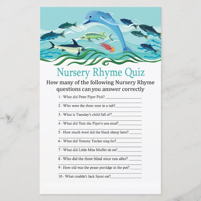 Dolphin Nursery Rhyme Quiz baby shower-spel (Framsida)