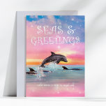 Dolphin Seas & Greetings Beach Christmas Julkort<br><div class="desc">Beach theme Christmas card features a dolphin leaping under a magical,  starry sky with a "Seas & Greetings" caption. Art by KL Stock</div>