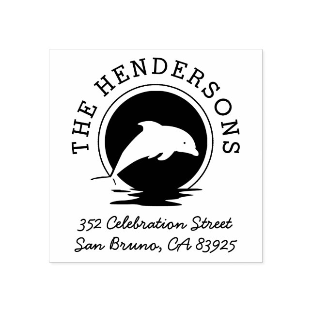 Dolphin Silhouette Round Namn & Returadress Stämpel (Tryck)