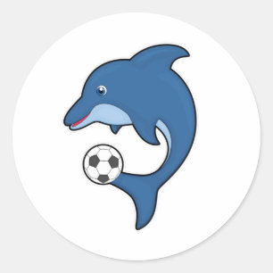 Dolphin som fotbollsspelare med fotboll runt klistermärke