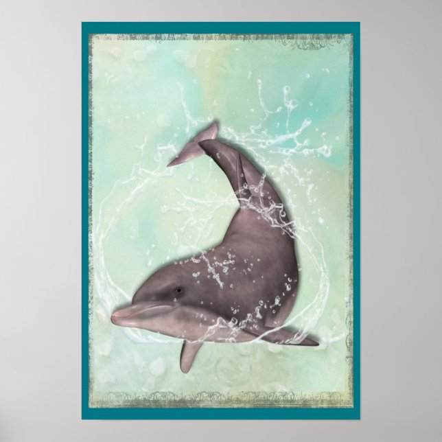 Dolphin Splash Around i Aqua Grönt Vatten Poster (Framsidan)