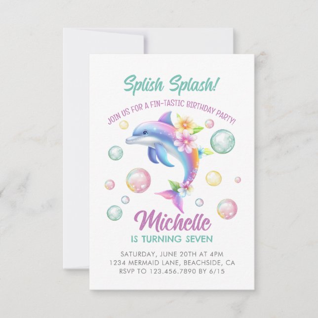 Dolphin Splish Stänk Girl Birthday-inbjudan Anteckningskort (Framsida)