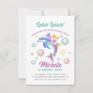 Dolphin Splish Stänk Girl Birthday-inbjudan Anteckningskort