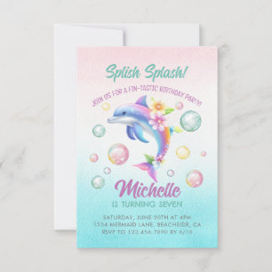 Dolphin Splish Stänk Girl Birthday-inbjudan Anteckningskort