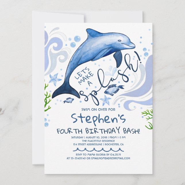 Dolphin Stänk | Sommar Bassäng Födelsedagsfest Inbjudningar (Framsida)