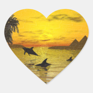Dolphin Sunset Sticker Hjärtformat Klistermärke