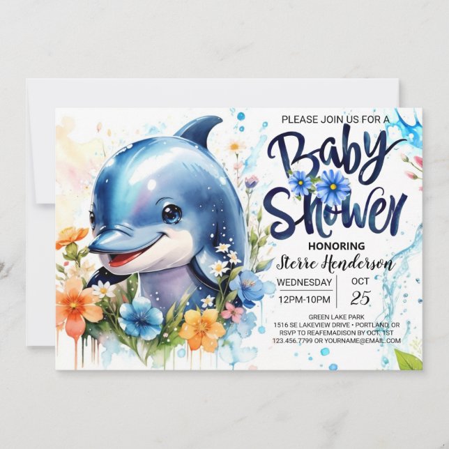 Dolphin-themed Pojke Shower Inbjudningar (Framsida)