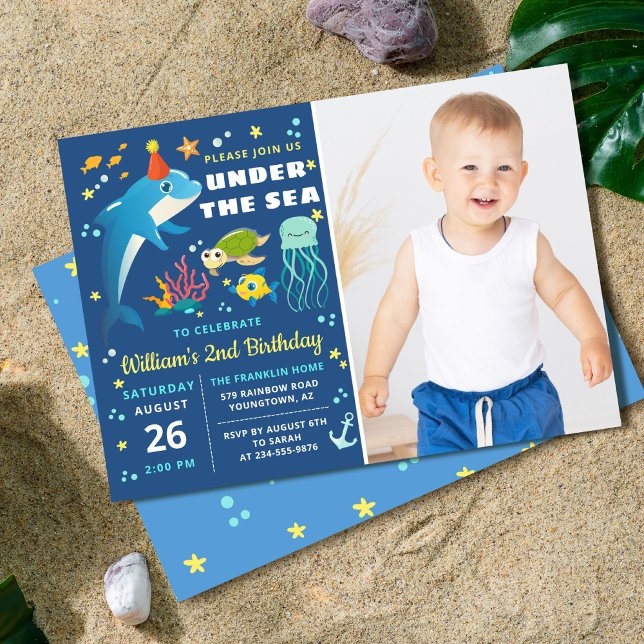 Dolphin Turtle under Sea Boy Birthday Photo Inbjudningar (Skapare uppladdad)