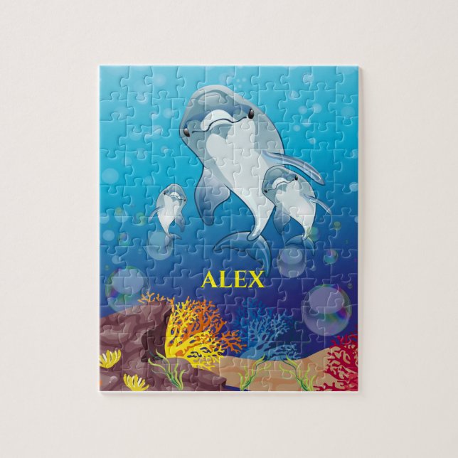 Dolphin-ungar pussel med barnets namn. (Vertikal)