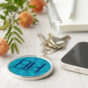 Dolphin Vatten Blue Monogram Keychain Rund Silverfärgad Nyckelring